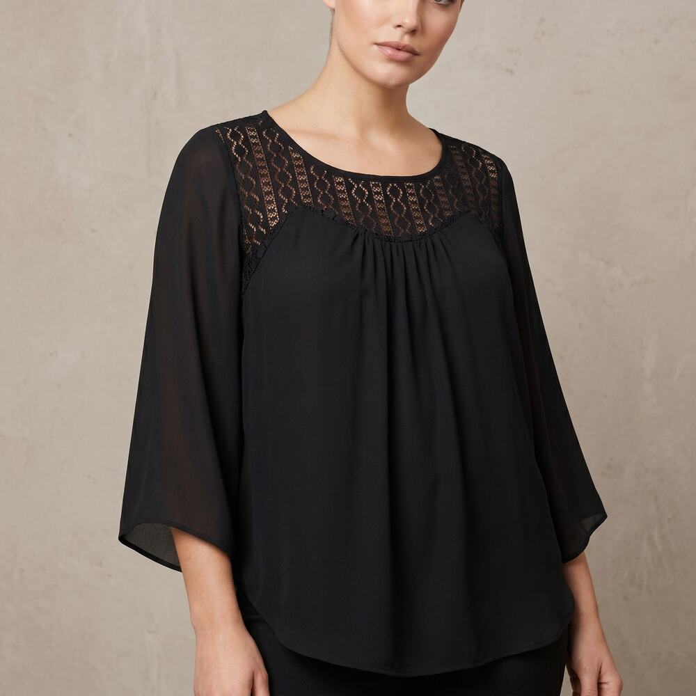Alyx Women's Blouse Black Lace Crochet Yoke Bell Sleeve Boho Romantic Size L
